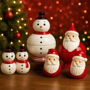 Johanna Parker Santa & Snowman Ceramic Salt & Pepper Shakers & Candy Dishes